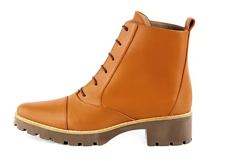 Marigold orange women's ankle boots with laces at the front. Round toe. Low rubber soles. Profile view - Florence KOOIJMAN